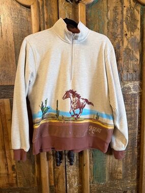 Ariat Men's Beige and Brown Quarter-Zip Sweater with Desert Horse Motif
